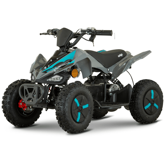 GIO Manteray X Kids ATV in grey and teal, front three-quarter view
