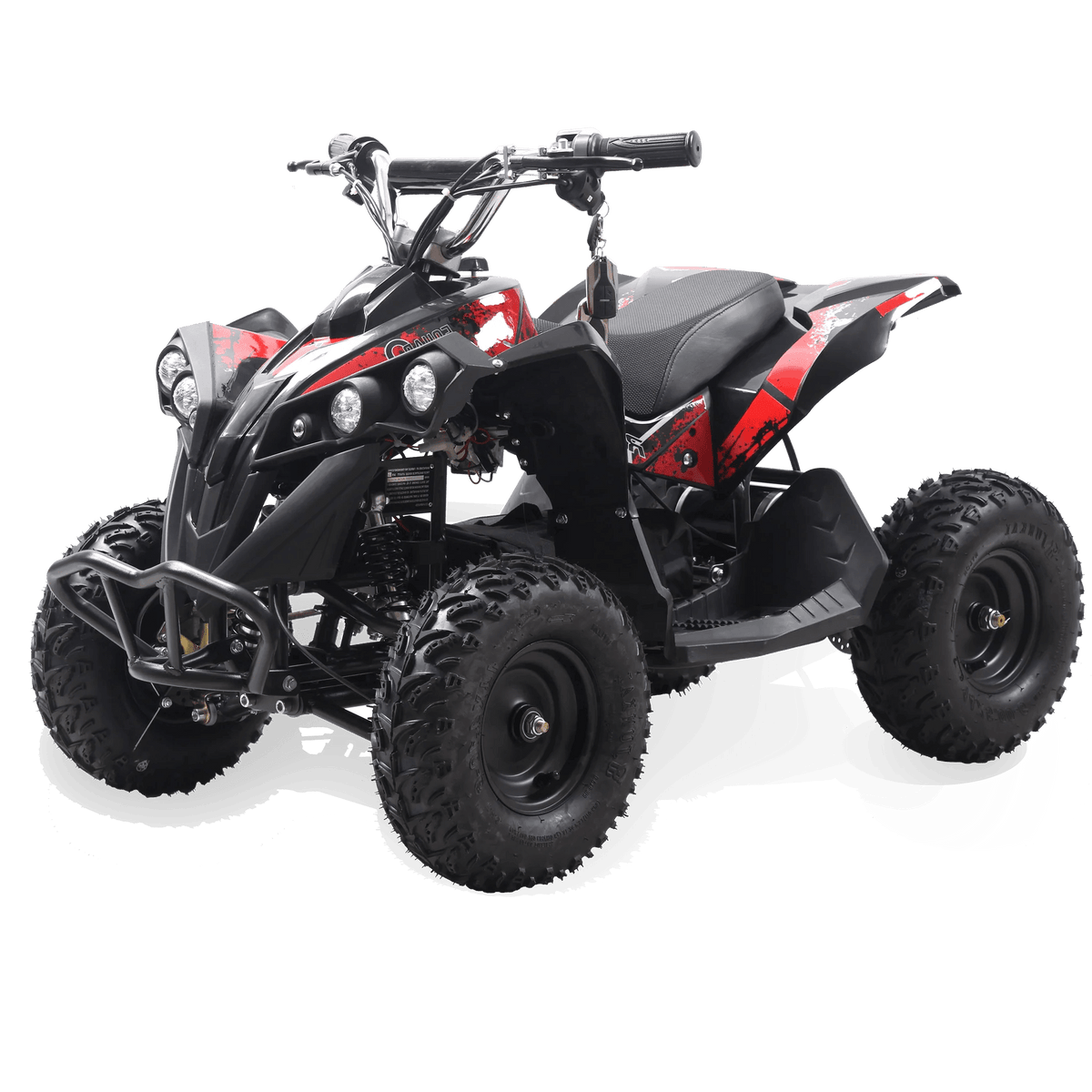 Rosso eQuad Q kids electric ATV in red, front three-quarter view