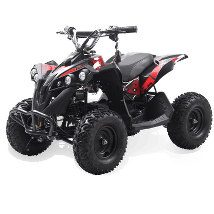 Rosso eQuad Q kids electric ATV in red, front three-quarter view