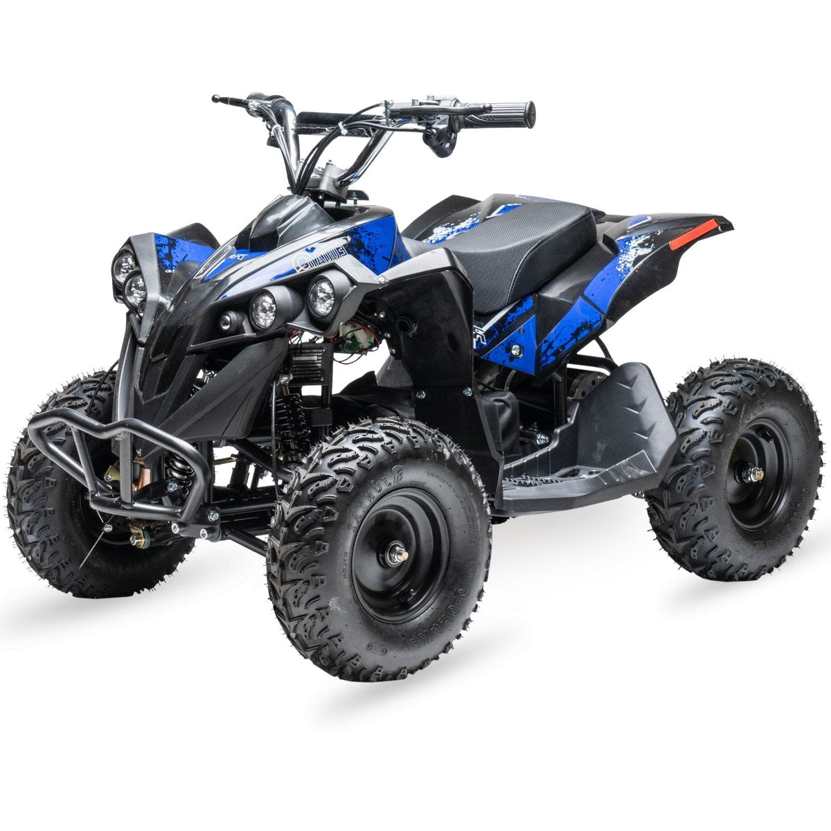 Rosso eQuad Q kids electric ATV in blue, front three-quarter view