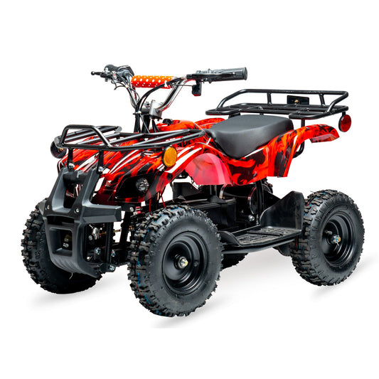 Rosso eQuad X kids electric ATV in inferno red, front three-quarter view